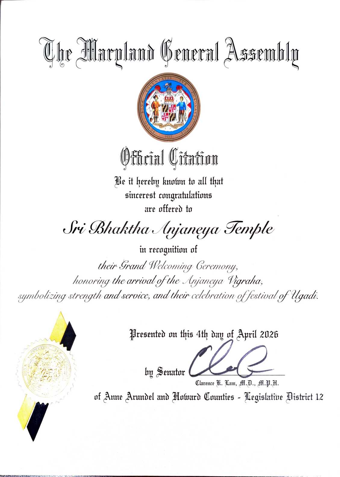 Maryland General Assembly Citation 2026