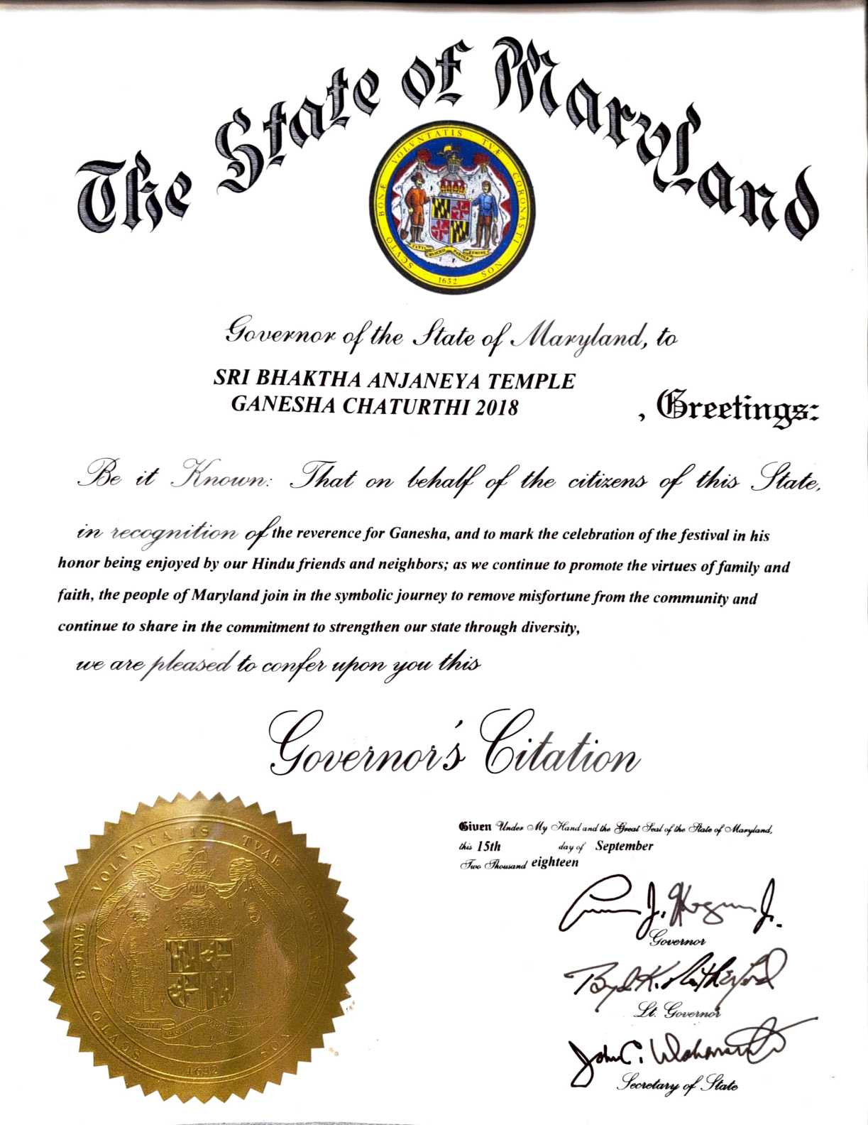 Maryland Governor Citation 2018