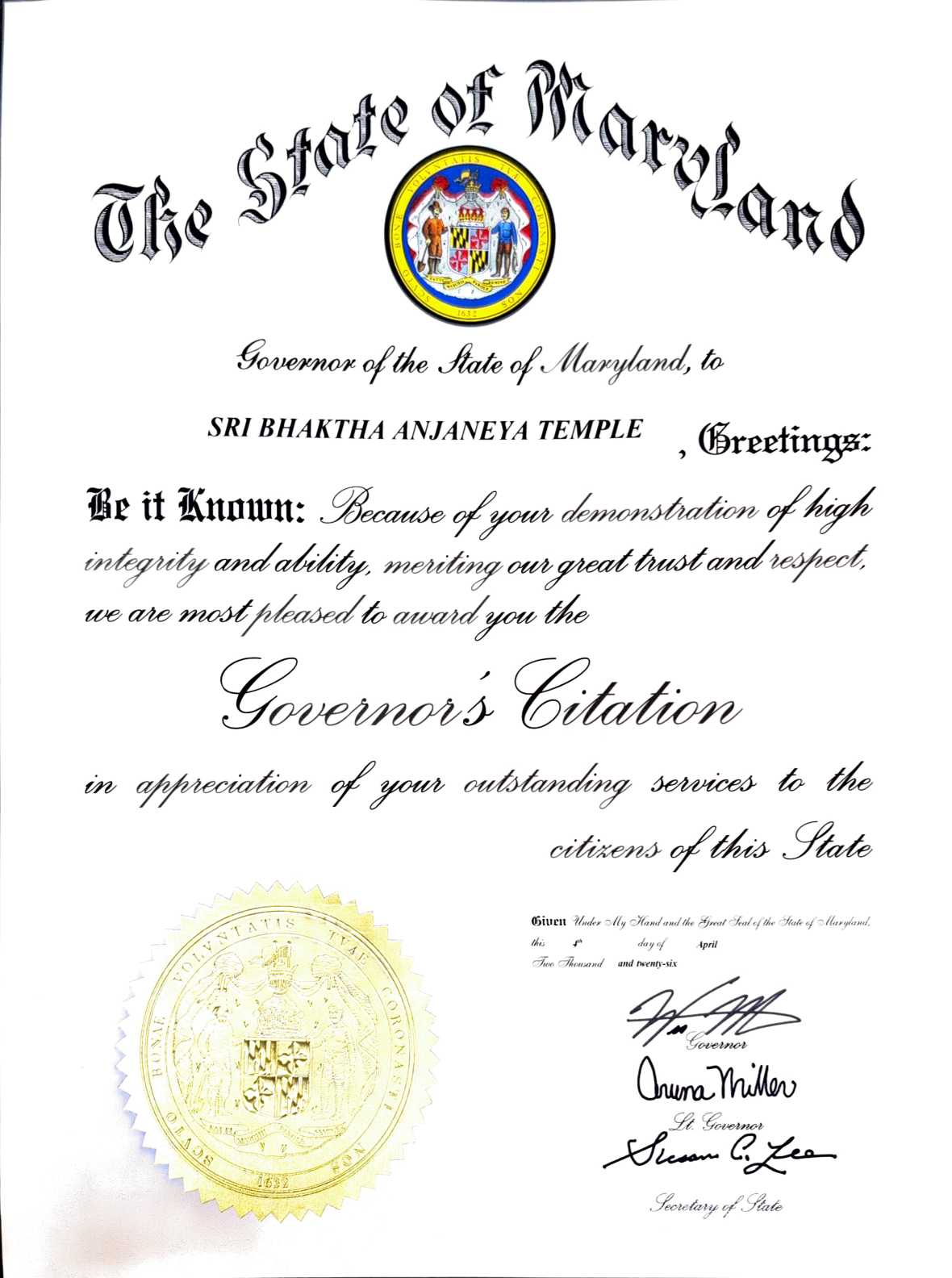 Maryland Governor Citation 2026